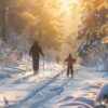 Family Engages in Cross Country Skiing on a Snowy Trail During Golden Hour in a Serene Winter Landscape