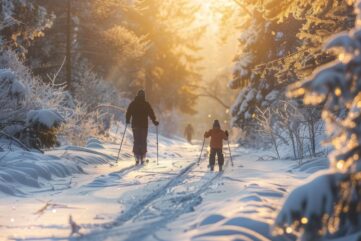 Family Engages in Cross Country Skiing on a Snowy Trail During Golden Hour in a Serene Winter Landscape