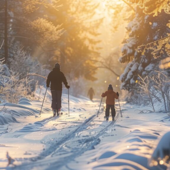 Family Engages in Cross Country Skiing on a Snowy Trail During Golden Hour in a Serene Winter Landscape