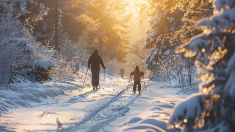 Family Engages in Cross Country Skiing on a Snowy Trail During Golden Hour in a Serene Winter Landscape